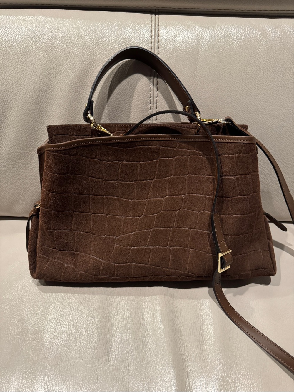 Brown Croc-Embossed Suede Top-Handle Women’s Bag - Picture 2 of 13